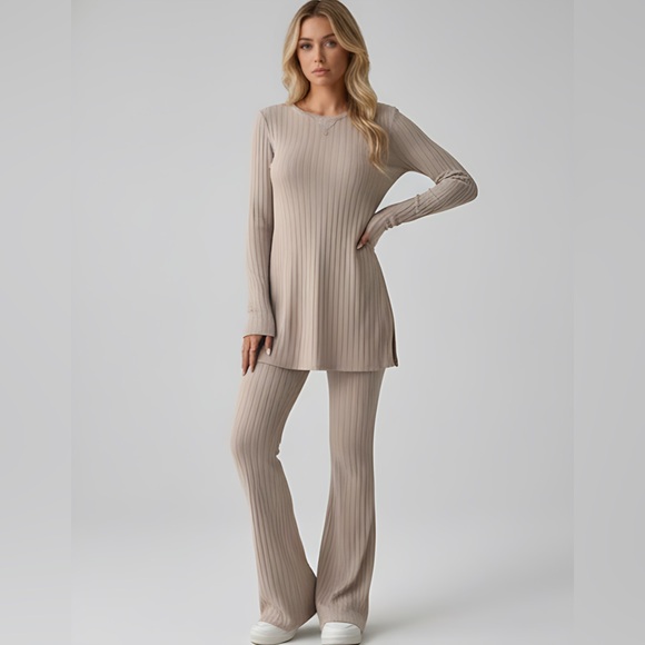 Beige Ribbed Split Hem Tee & Flare Leg Pants - Picture 1 of 9